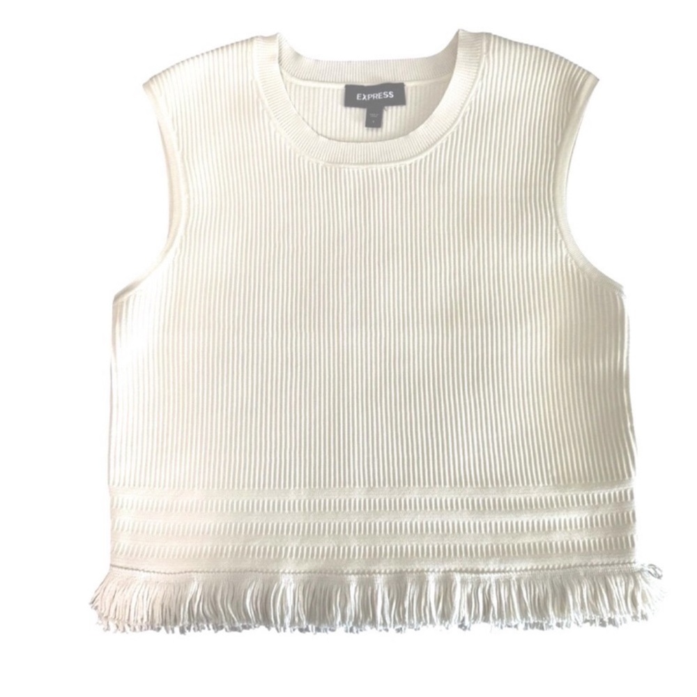 Express Fringe Hem Cropped Tank Top Rib Knit Cream Size S - Picture 7 of 8